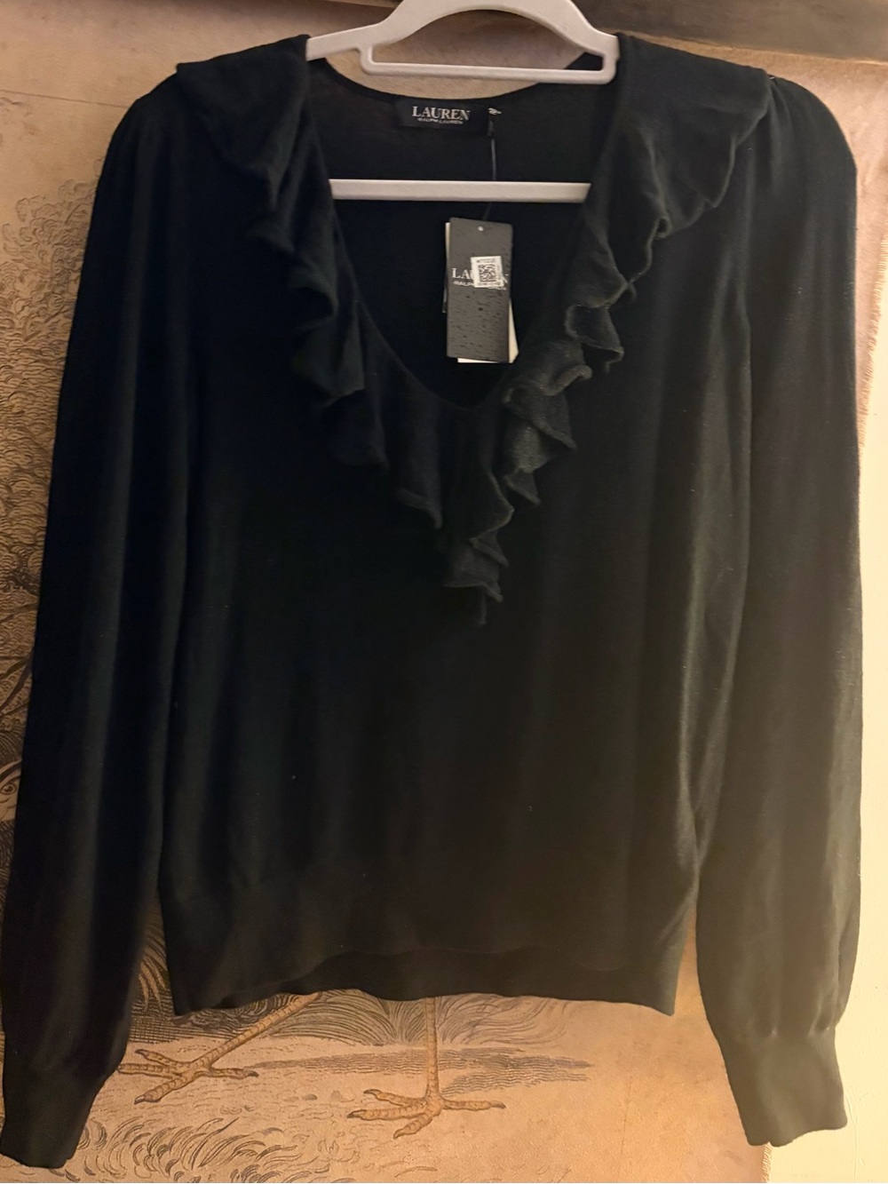 * Lauren Ralph Lauren Black Ruffle V-Neck Long Sleeve Sweater *